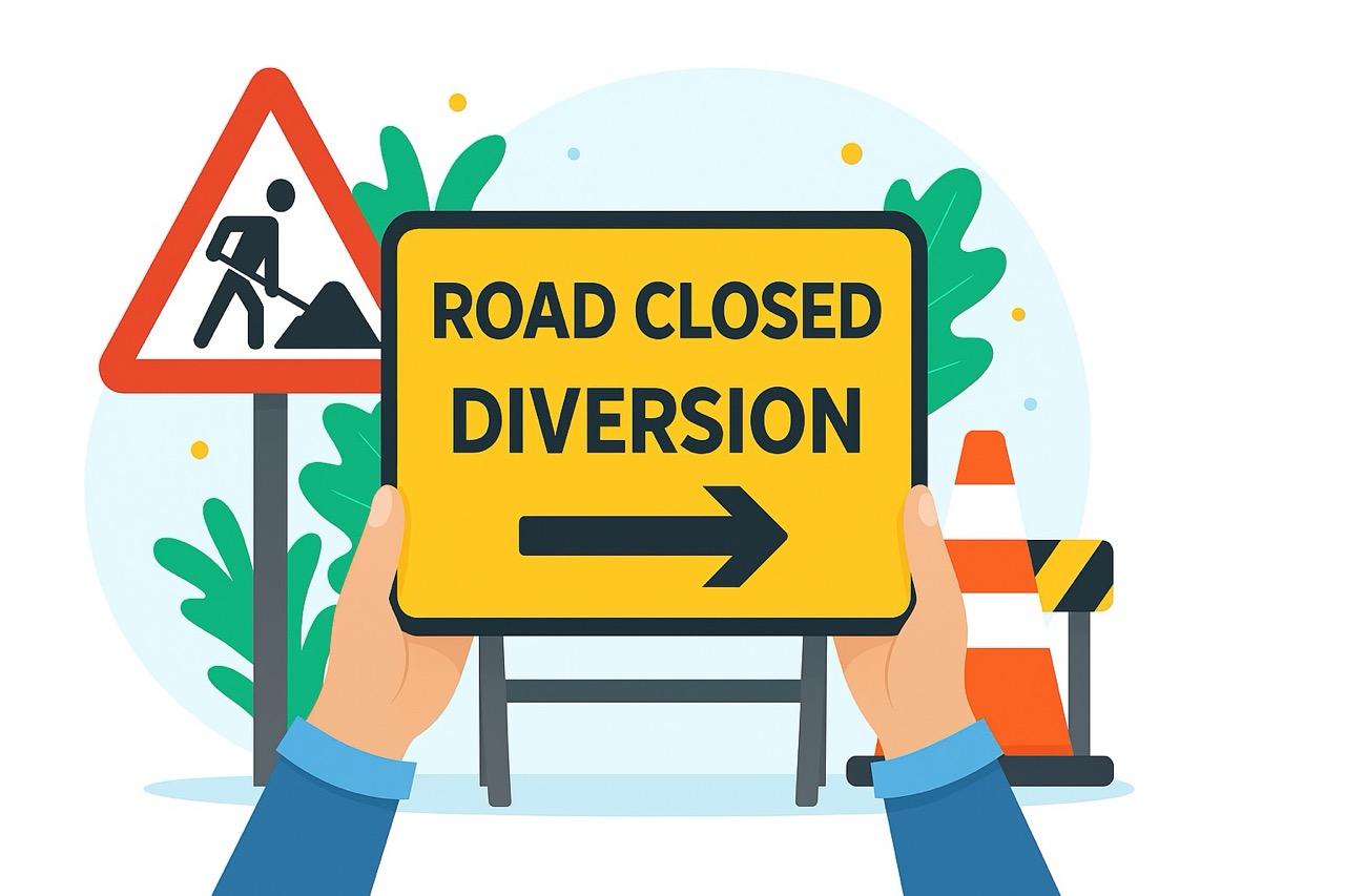 Road closed diversion traffic notice sign