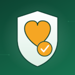 Illustration of a heart inside a protective shield, representing care and support