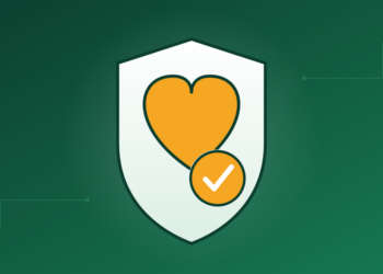 Illustration of a heart inside a protective shield, representing care and support