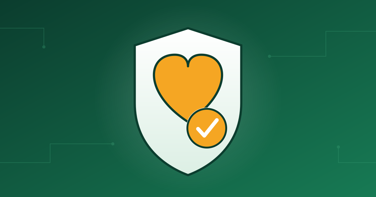Illustration of a heart inside a protective shield, representing care and support