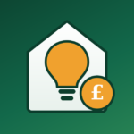 Illustration of a house containing a lightbulb, with a pound sign badge, representing help with energy bills