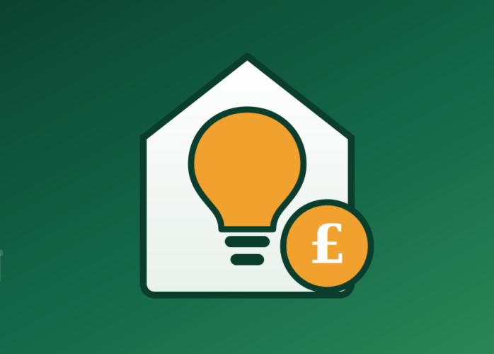 Illustration of a house containing a lightbulb, with a pound sign badge, representing help with energy bills
