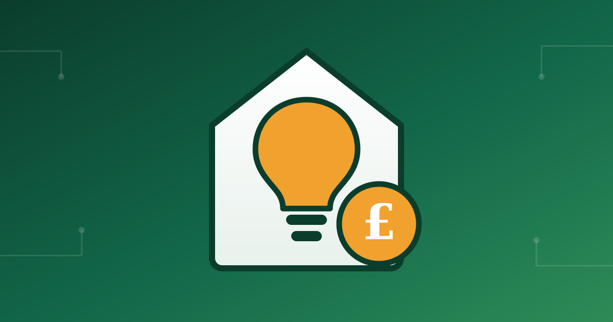 Illustration of a house containing a lightbulb, with a pound sign badge, representing help with energy bills